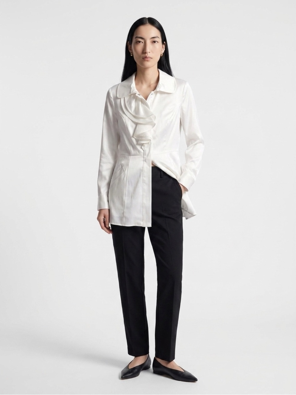 My Michelle White Ruffle-Front Shirt with Black Trousers